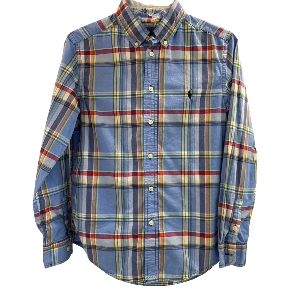 Ralph Lauren Button Down Shirt Kids L 14-16 Blue Plaid Natural Stretch Preppy